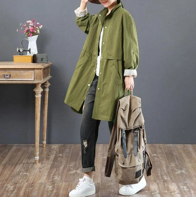 top quality plus size mid-length coats fall army green pockets stand collar coat for woman