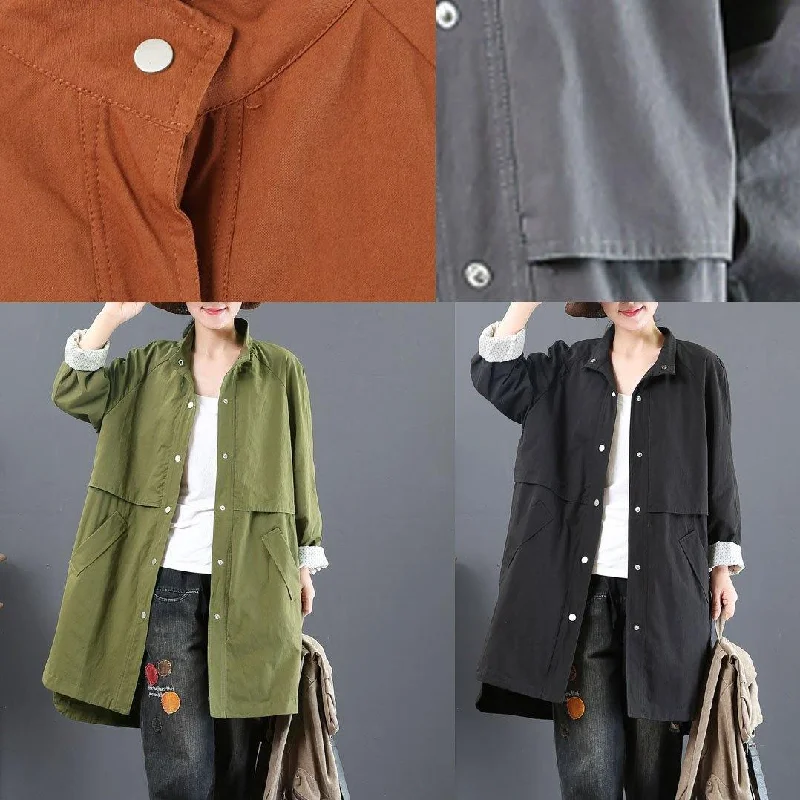 top quality plus size mid-length coats fall army green pockets stand collar coat for woman