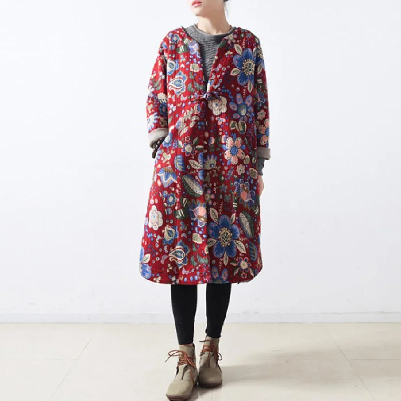 top quality red long jackets plussize maxi coat vintage Winter coat floral