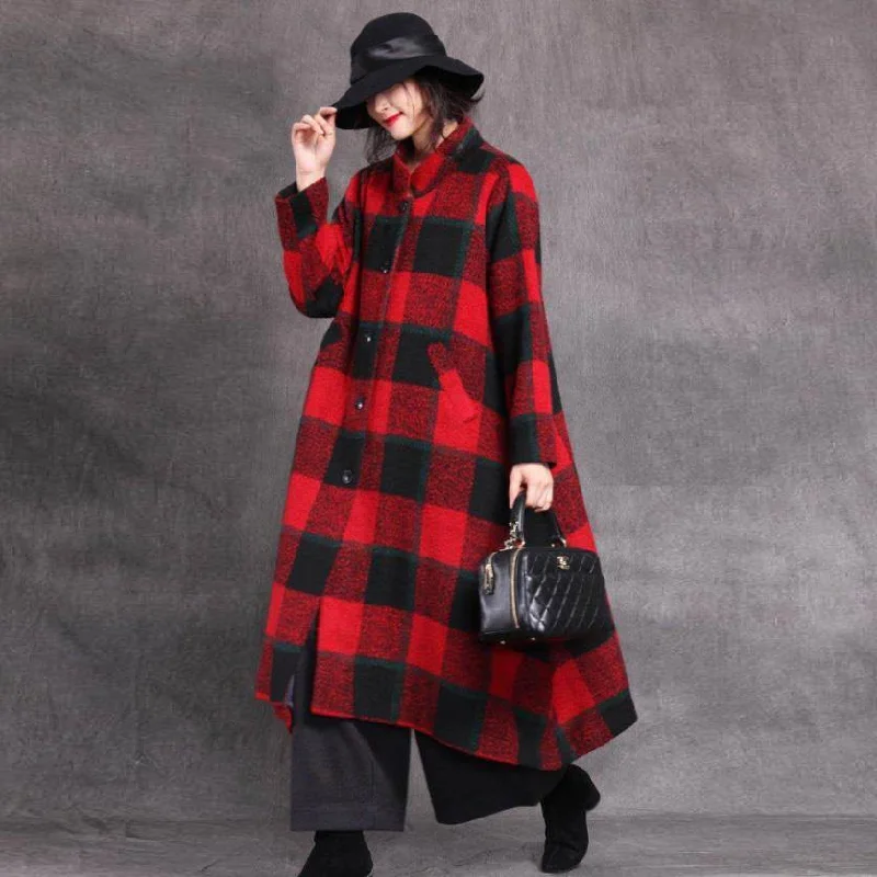 top quality red Plaid woolen outwear trendy plus size stand collar patchwork maxi coat