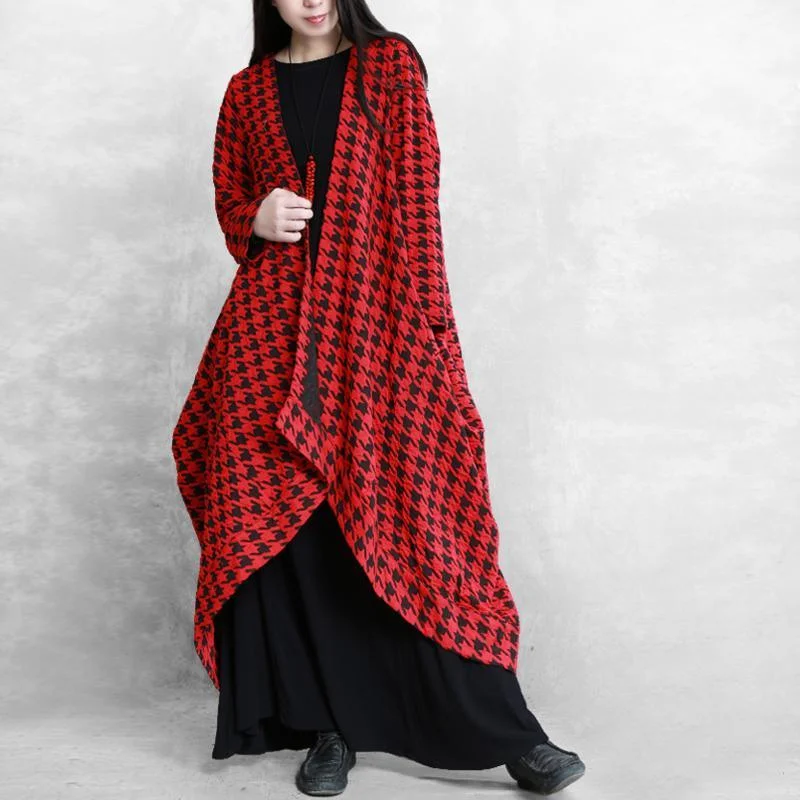 Unique patchwork asymmetric coat red black plaid baggy outwears fall