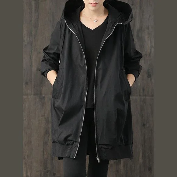 vintage black Loose fitting coat fall women hooded zippered drawstring coats