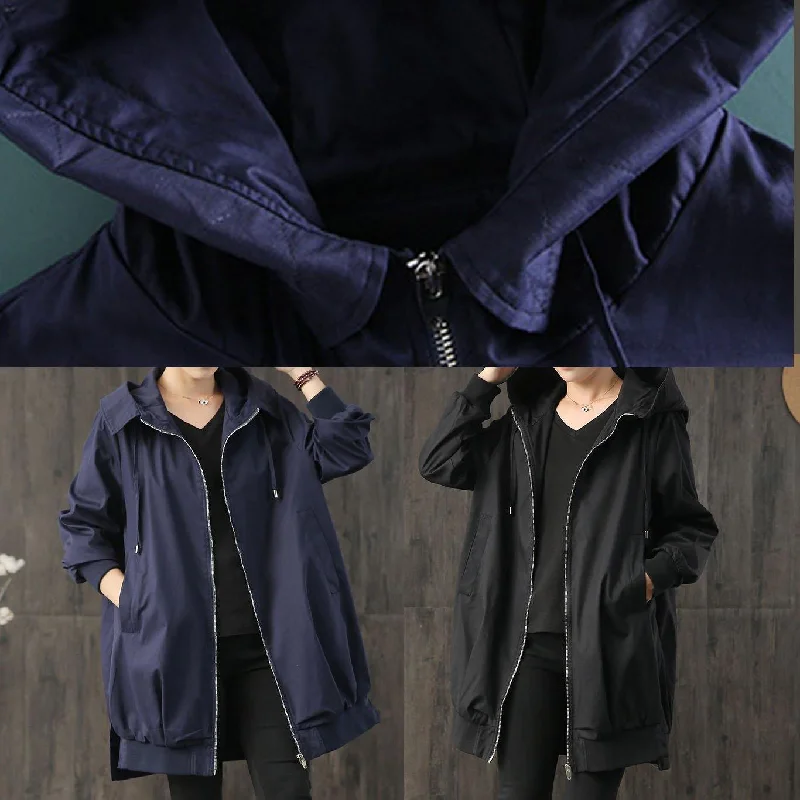 vintage black Loose fitting coat fall women hooded zippered drawstring coats