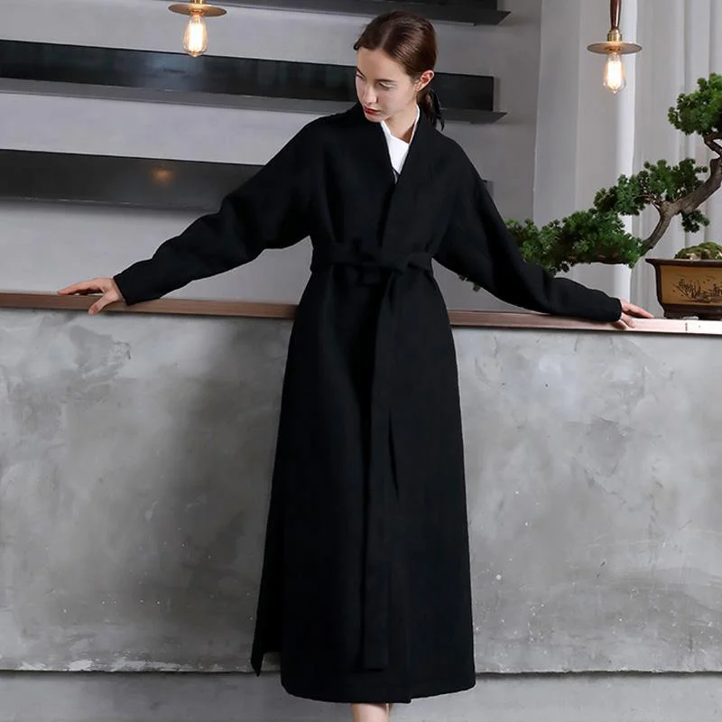 vintage black Woolen Women oversize trench coat V neck wrinkled  jacket embroidery tie waist Coat