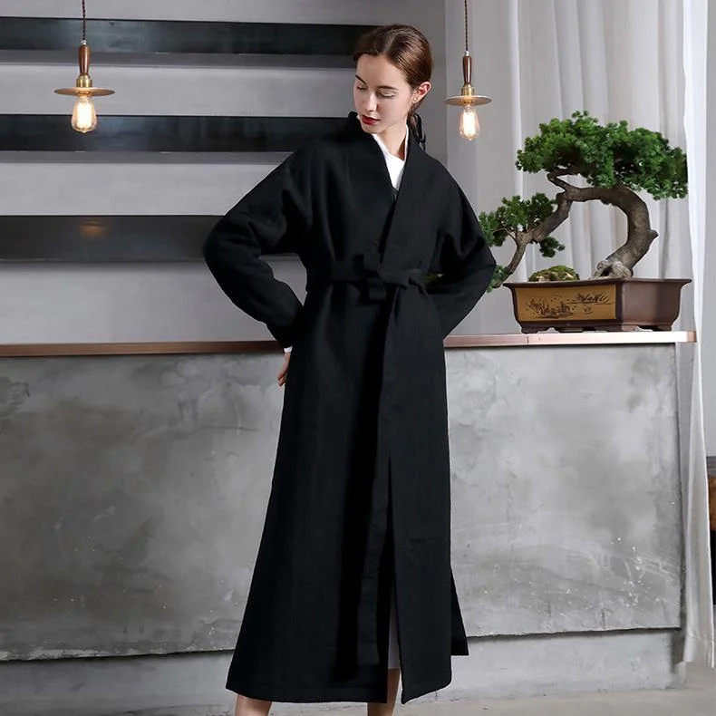 vintage black Woolen Women oversize trench coat V neck wrinkled  jacket embroidery tie waist Coat