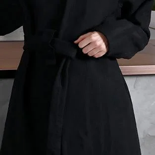 vintage black Woolen Women oversize trench coat V neck wrinkled  jacket embroidery tie waist Coat