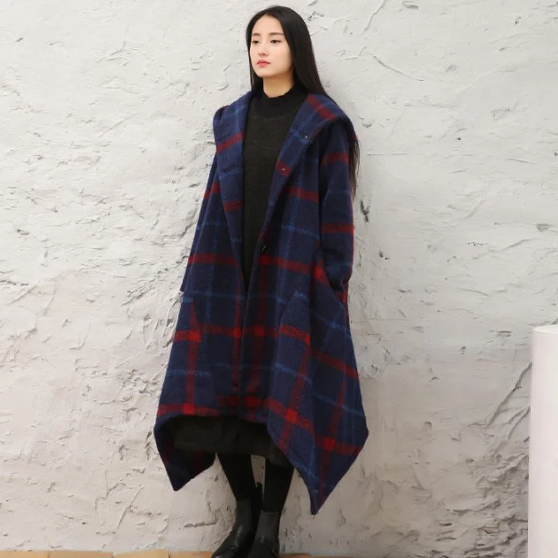 vintage blue Plaid Woolen Coats plus size long coats asymmetric woolen hooded outwear