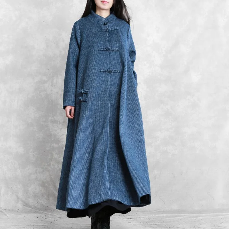 vintage blue Woolen Coats plus size Jackets & coat stand collar asymmetric