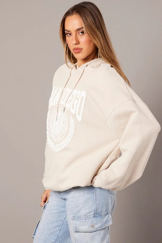 Beige Graphic Hoodie Sweater Long Sleeve