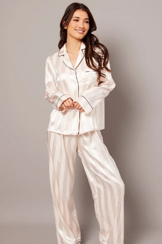 Beige Stripe Pj Set Satin Stripe Contrast Piping Pyjama