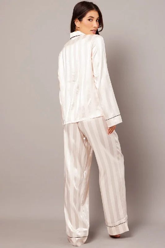 Beige Stripe Pj Set Satin Stripe Contrast Piping Pyjama