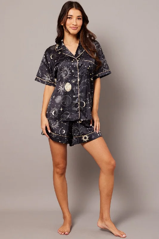 Black Print Pyjama Set Celestial Print Satin Piping Pj