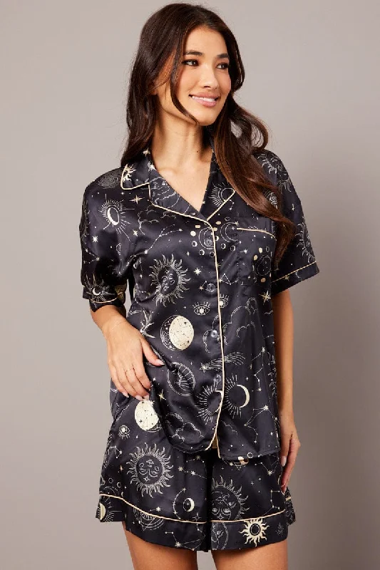 Black Print Pyjama Set Celestial Print Satin Piping Pj