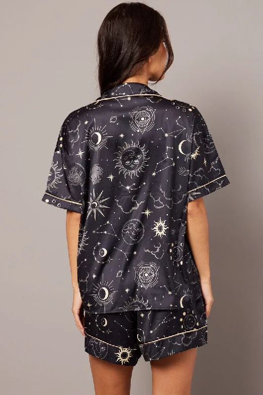 Black Print Pyjama Set Celestial Print Satin Piping Pj