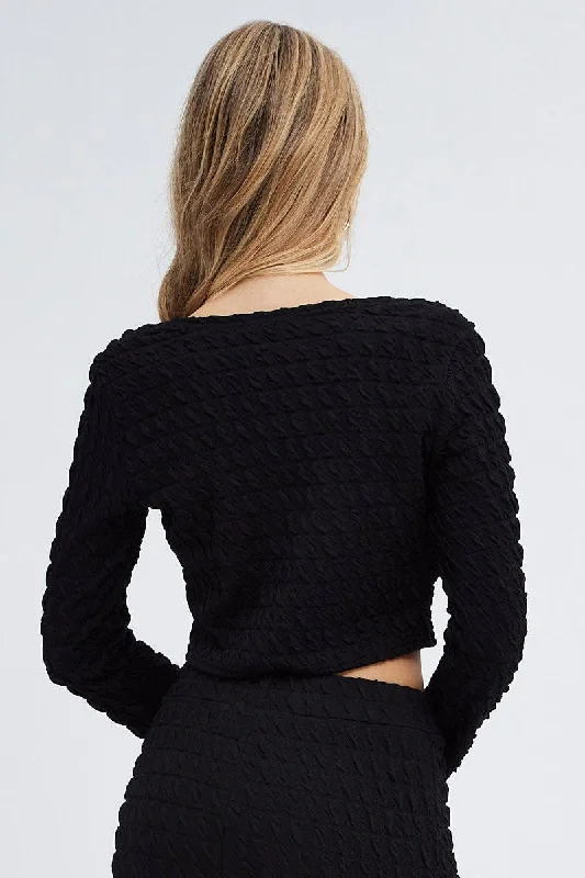 Black Top Crop Texture Long Sleeve Tie Front