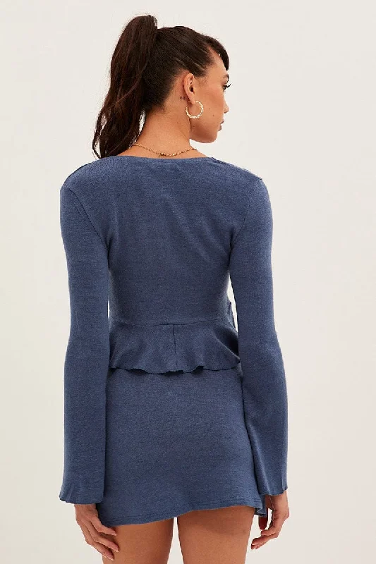 Blue Peplum Top Long Sleeve