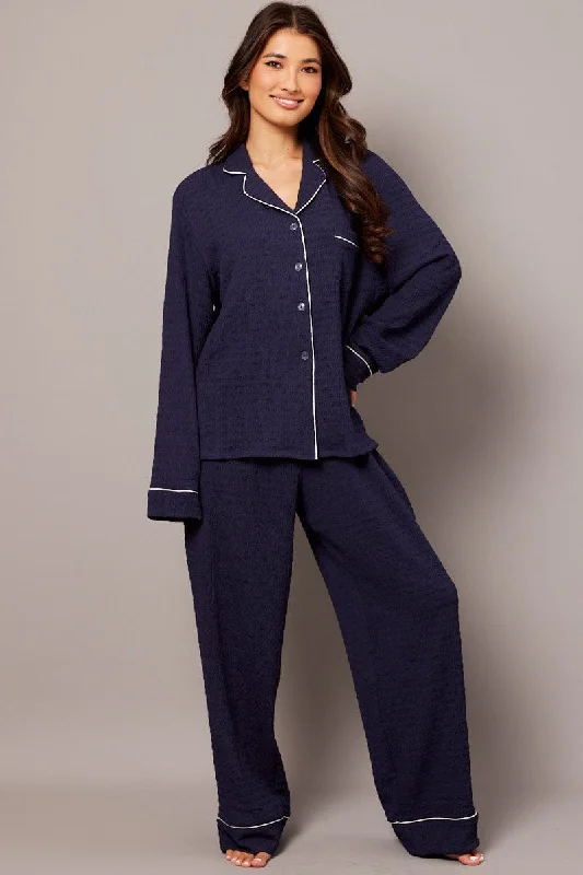 Blue PJ Set Long Leg Contrast Piping Textured Fabric