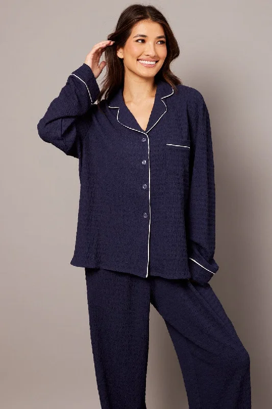 Blue PJ Set Long Leg Contrast Piping Textured Fabric