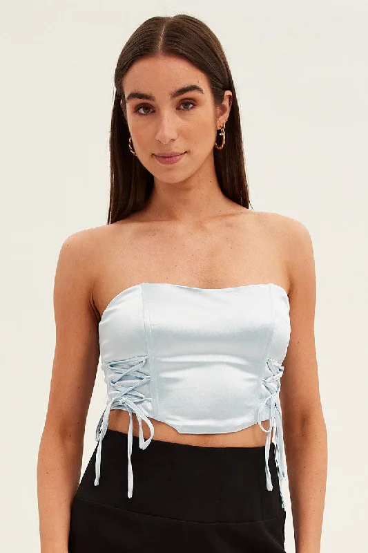 Blue Satin Corset Drawstrings Crop