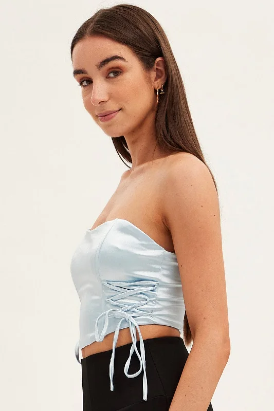 Blue Satin Corset Drawstrings Crop