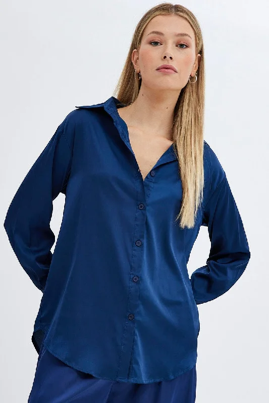 Blue Shirt Long Sleeve Collared Longline Satin