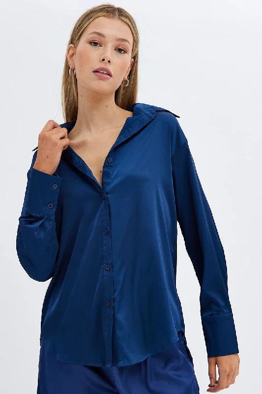 Blue Shirt Long Sleeve Collared Longline Satin