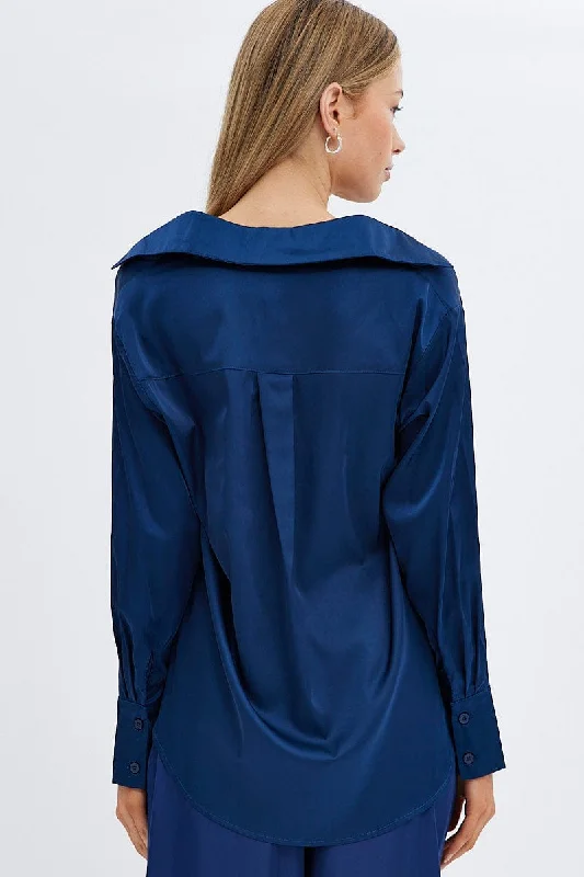 Blue Shirt Long Sleeve Collared Longline Satin