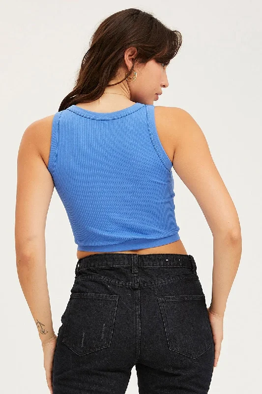 Blue Tank Top Crew Neck Seamless