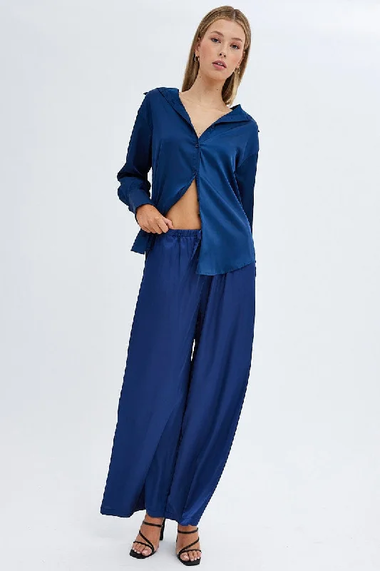 Blue Wide Leg Pants High Rise