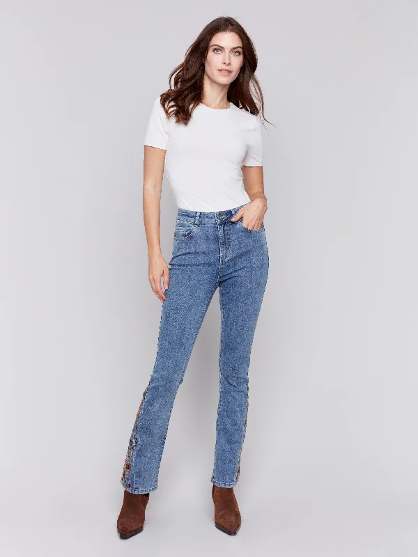 Bootcut Jeans with Floral Embroidery - Medium Blue