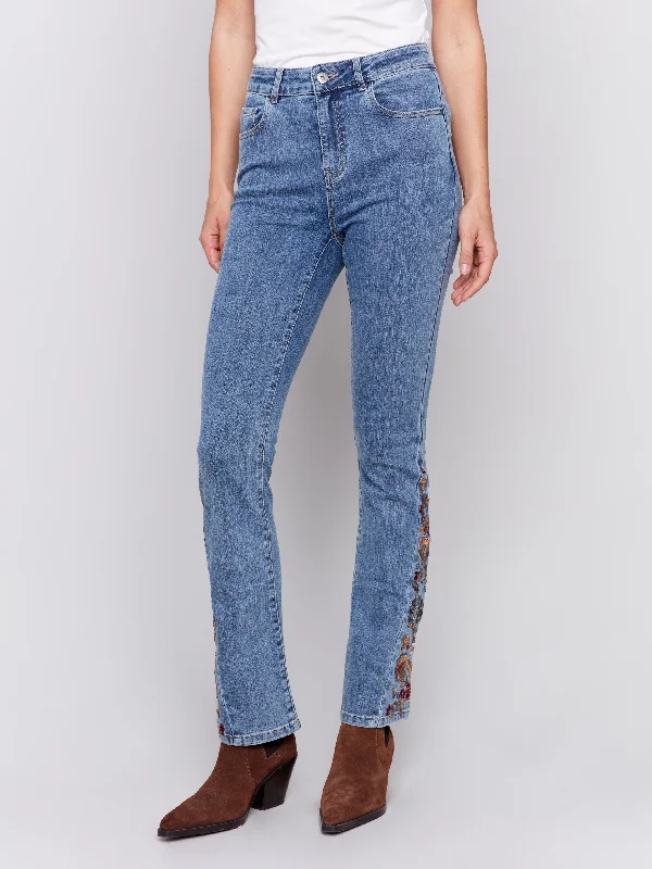 Bootcut Jeans with Floral Embroidery - Medium Blue