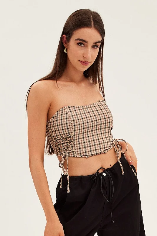 Brown Check Corset Top Strapless Crop Structured Tie Up Detail