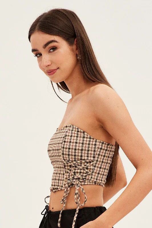 Brown Check Corset Top Strapless Crop Structured Tie Up Detail