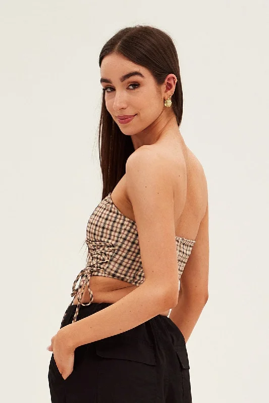 Brown Check Corset Top Strapless Crop Structured Tie Up Detail