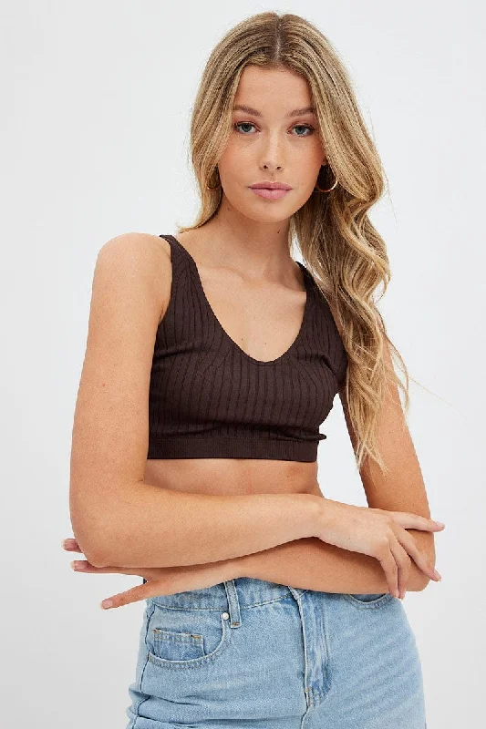 Brown Tank Top V Neck Seamless