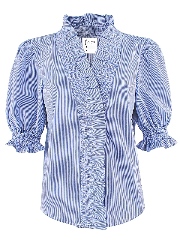 Cici Shirt with Ruffle Collar & Sleeve, Blue & White Stripe - Web Exclusive