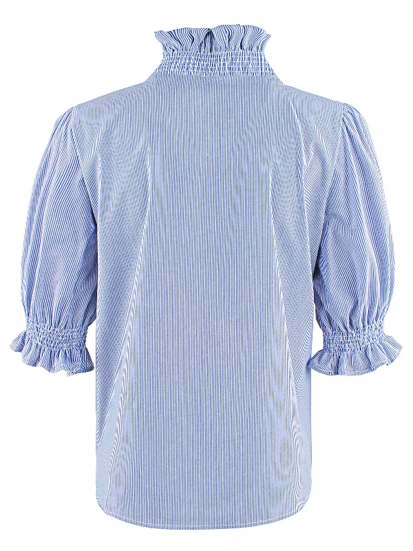 Cici Shirt with Ruffle Collar & Sleeve, Blue & White Stripe - Web Exclusive