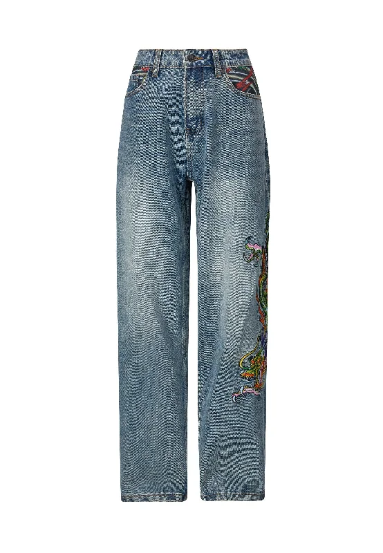 Womens Crawling Dragon Relaxed Fit Denim Trousers Jeans - Bleach