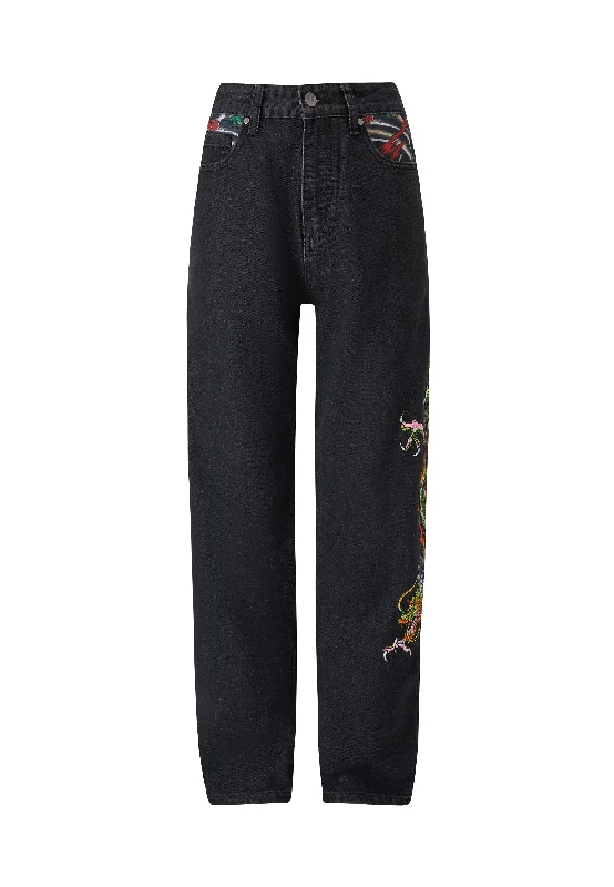 Womens Crawling Dragon Relaxed Fit Denim Trousers Jeans - Black