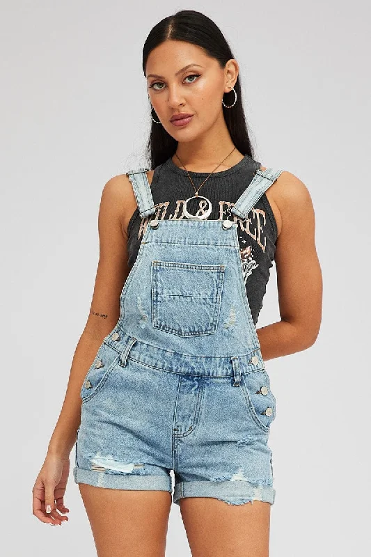 Denim Short Overalls Ripped