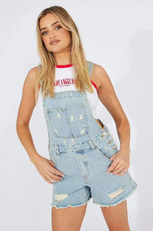 Denim Short Overalls Ripped