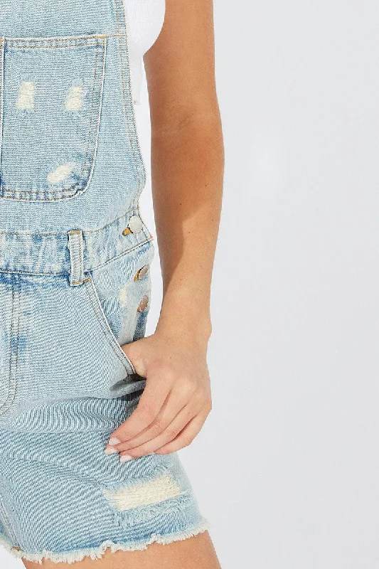 Denim Short Overalls Ripped