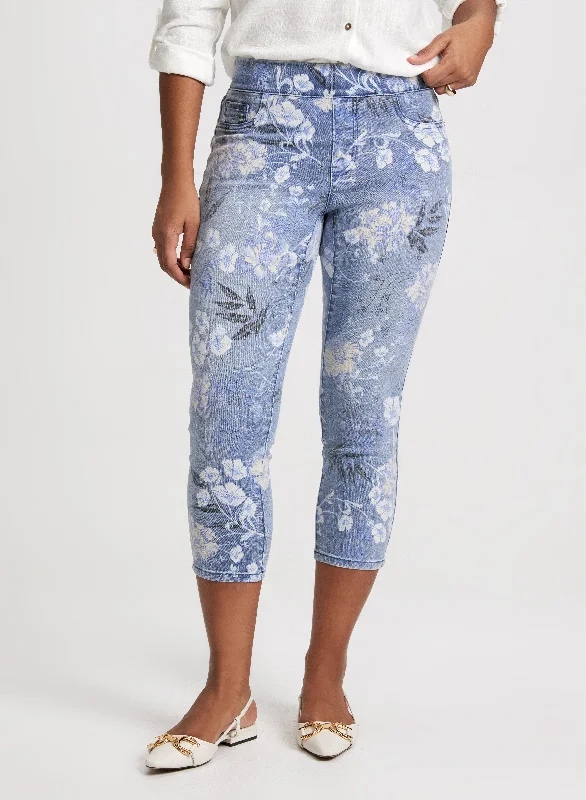 Floral Pattern Pull-On Jeans