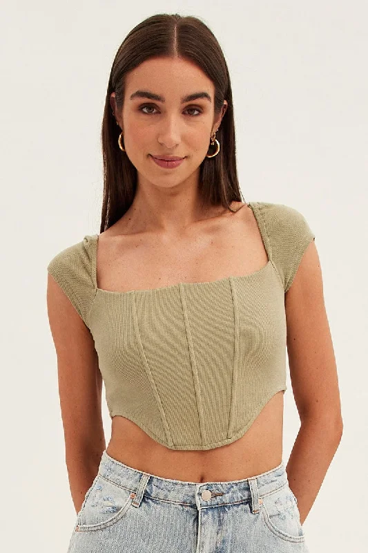 Green Corset Crop Top Short Sleeve Square Neck