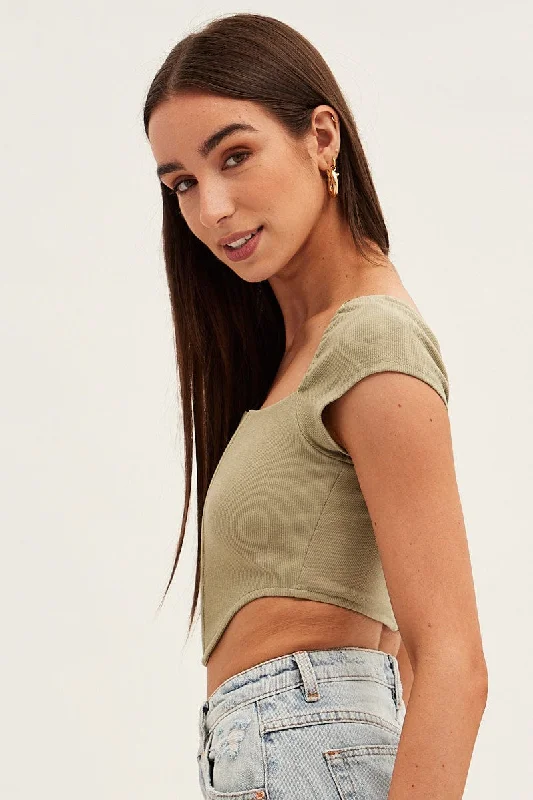 Green Corset Crop Top Short Sleeve Square Neck