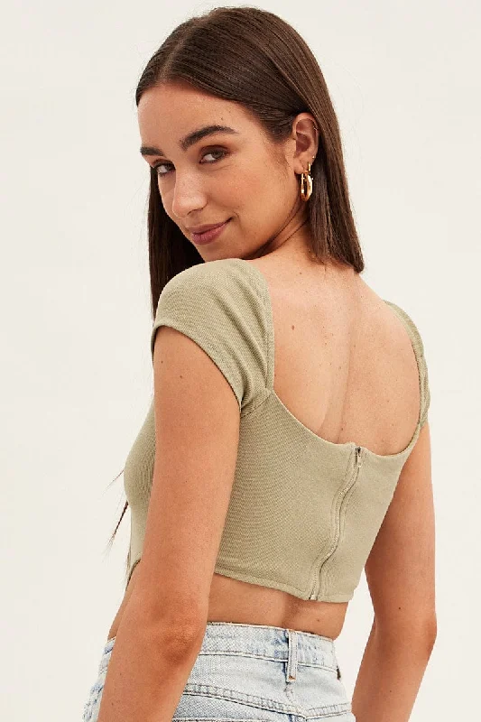 Green Corset Crop Top Short Sleeve Square Neck