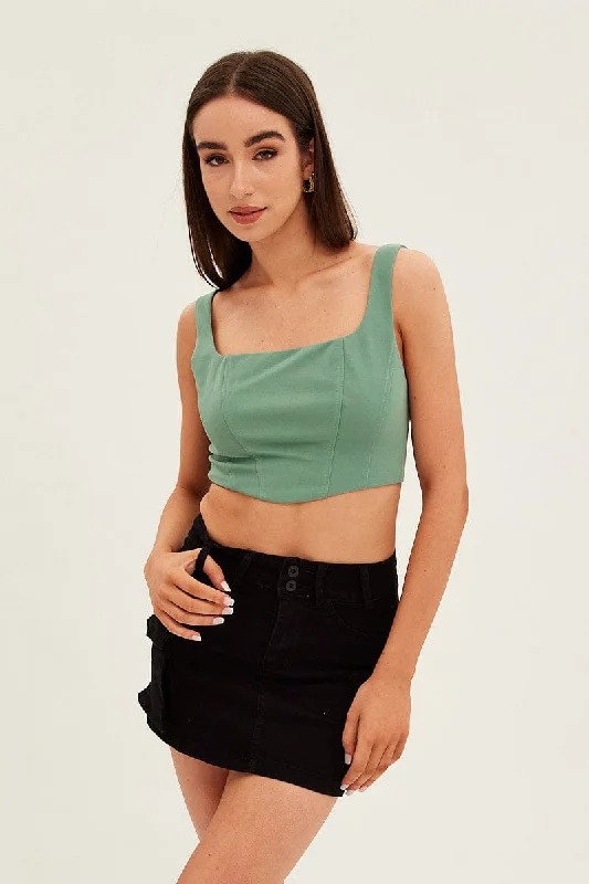 Green Corset Top Shirred Back Sleeveless Crop Jersey