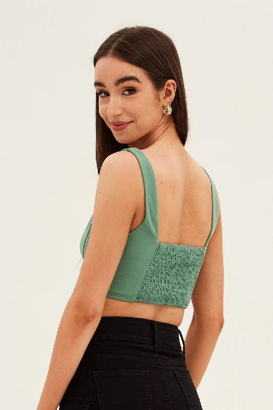 Green Corset Top Shirred Back Sleeveless Crop Jersey