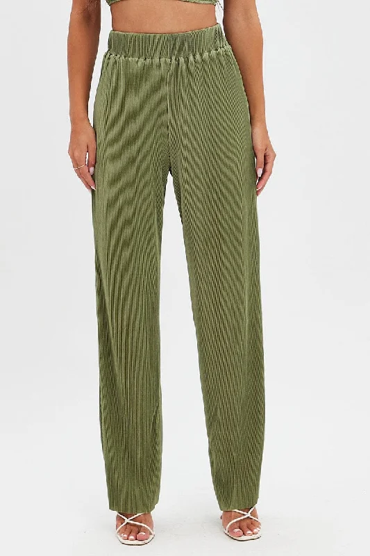 Green Plisse Pants Wide Leg