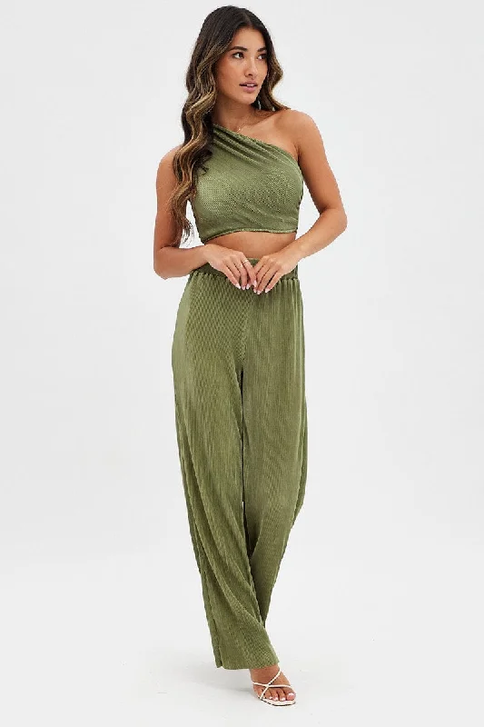 Green Plisse Pants Wide Leg